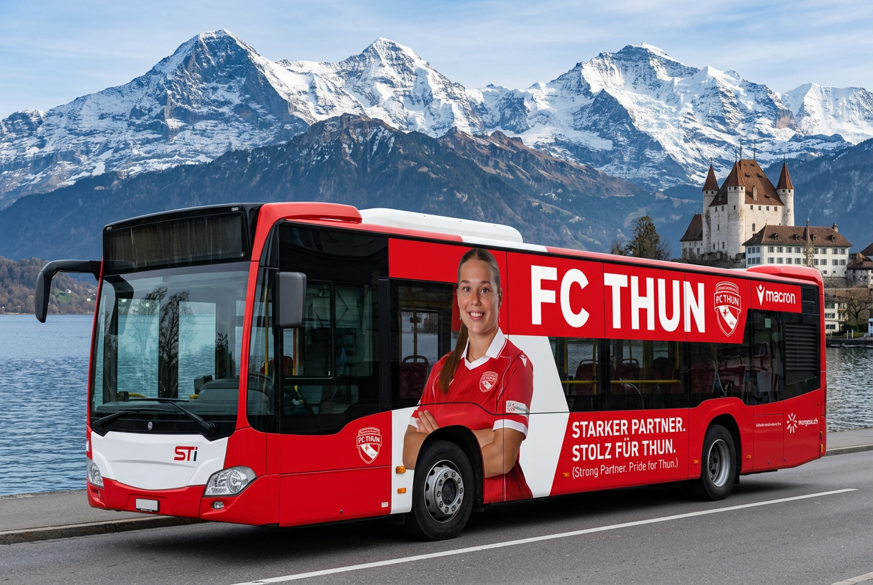 Visualisierung: Bus mit Ganzseiten-Werbung einer Fussballerin vor Berner Oberländer Bergen