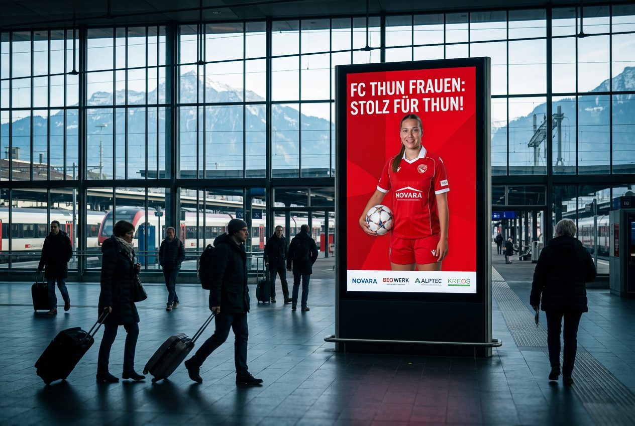 Visualisierung: Grossplakat mit Fussballerin in einem Schweizer Bahnhof