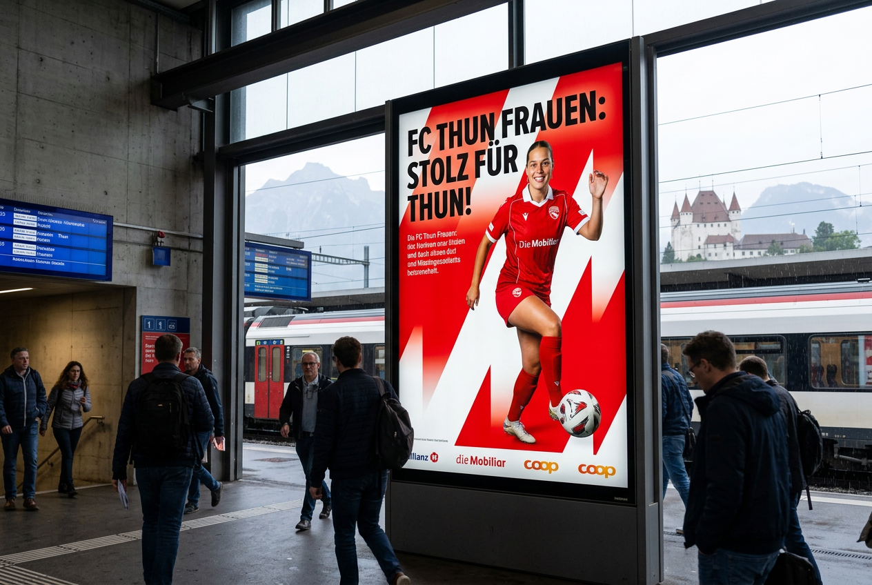 Visualisierung: Grossplakat mit Fussballerin in einem Schweizer Bahnhof