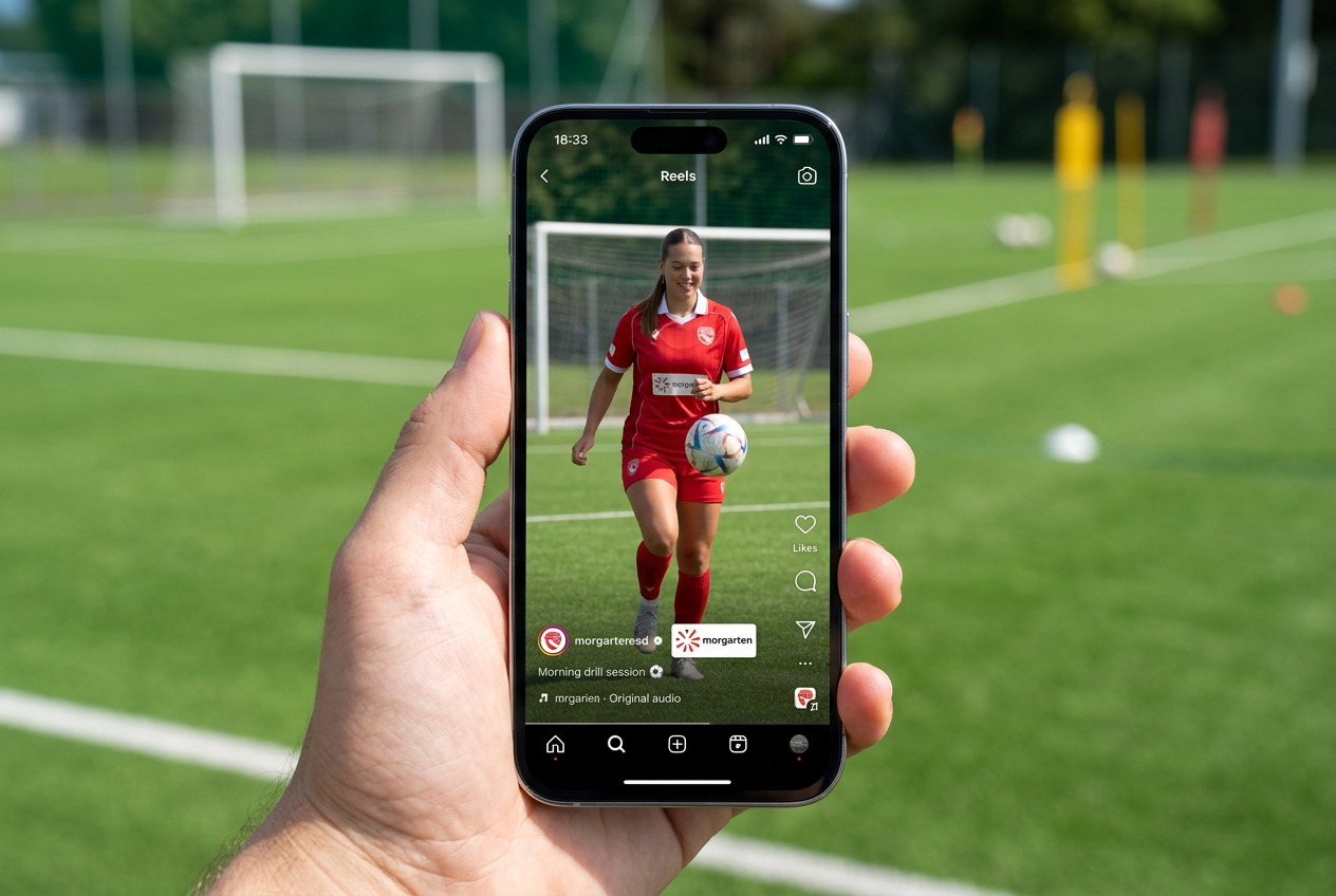 Visualisierung: Smartphone zeigt ein Instagram-Reel mit Fussballerin